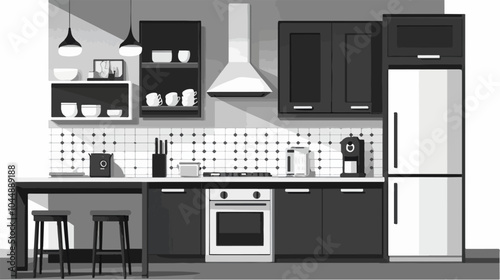 Black and white illustration of a modern kitchen interior.