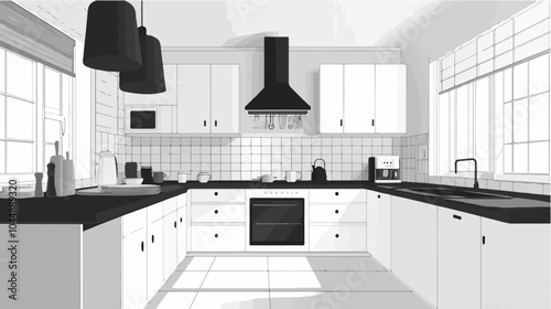 Black and white illustration of a modern kitchen interior.