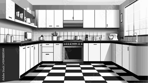 Black and white illustration of a modern kitchen interior.