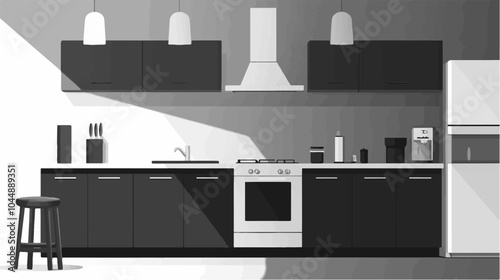 Black and white illustration of a modern kitchen interior.