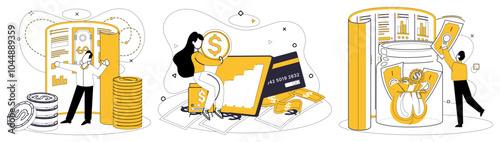 Savings account. Man standing next to a large coin stack and documents, woman with a coin and credit card, another man placing money into a jar. Ideal for financial planning, savings, banking