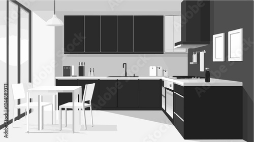 Black and white illustration of a modern kitchen interior.