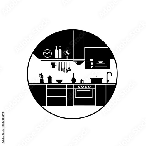 Black and white illustration of a modern kitchen interior.