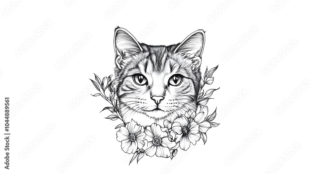 Tattoo design: a cute cat head with flowers around it, in black and white ink on paper, against a white background Tattoo design: a cute cat head with flowers around it, in black and white ink on paper, against a white background