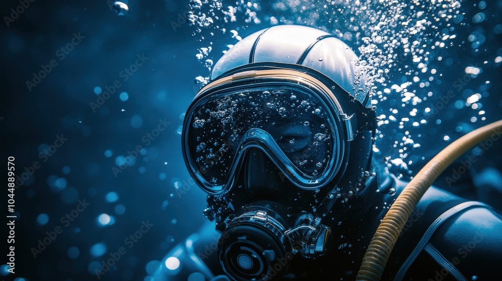 A close-up of helmet submerged underwater, with bubbles rising, representing the exploration of the deep sea A close-up of helmet submerged underwater, with bubbles rising, representing the exploration of the deep sea