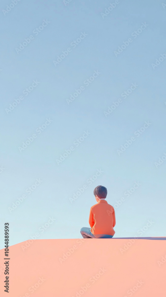 Lonely boy sitting against minimal light blue background, children mental health concept Lonely boy sitting against minimal light blue background, children mental health concept