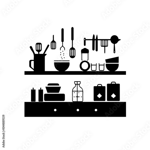 Black and white illustration of a modern kitchen interior.