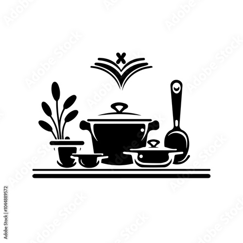 Black and white illustration of a modern kitchen interior.