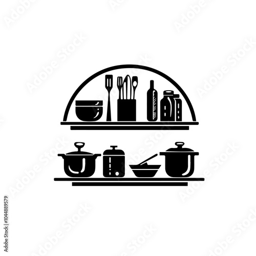 Black and white illustration of a modern kitchen interior.