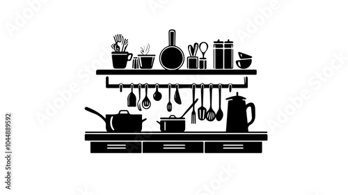 Black and white illustration of a modern kitchen interior.