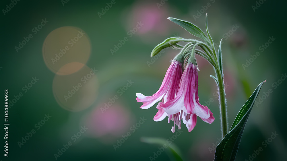 Close-up of delicate pink flowers hanging from a green stem, set against a soft blurred background of greenery and bokeh lights, creating a serene and natural atmosphere. Close-up of delicate pink flowers hanging from a green stem, set against a soft blurred background of greenery and bokeh lights, creating a serene and natural atmosphere.