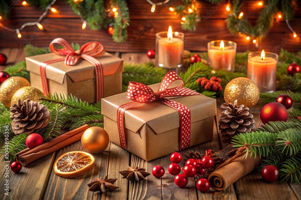 Festive Christmas Gift Boxes and Decorations. Christmas-themed arrangement with wrapped gift boxes, candles, pine branches, ornaments, and cinnamon sticks on a rustic wooden surface Festive Christmas Gift Boxes and Decorations. Christmas-themed arrangement with wrapped gift boxes, candles, pine branches, ornaments, and cinnamon sticks on a rustic wooden surface