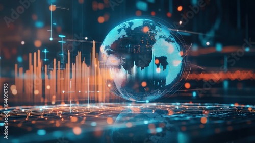 A conceptual image of international finance, with stock market data, bar charts