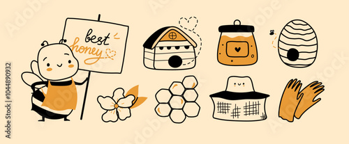 Set of cute honey bee character isolated vector doodle