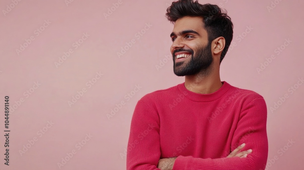 Obraz premium A person wearing a pink sweater and beard, suitable for use in illustrations or as a character reference