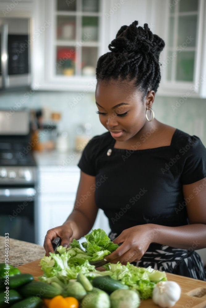 Woman preparing fresh vegetables in a modern kitchen, showcasing healthy eating and cooking at home with vibrant greens and colorful ingredients. Woman preparing fresh vegetables in a modern kitchen, showcasing healthy eating and cooking at home with vibrant greens and colorful ingredients.