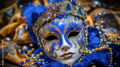 A decorative Venetian carnival mask displayed on a velvet surface