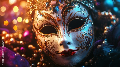 A decorative Venetian carnival mask displayed on a velvet surface