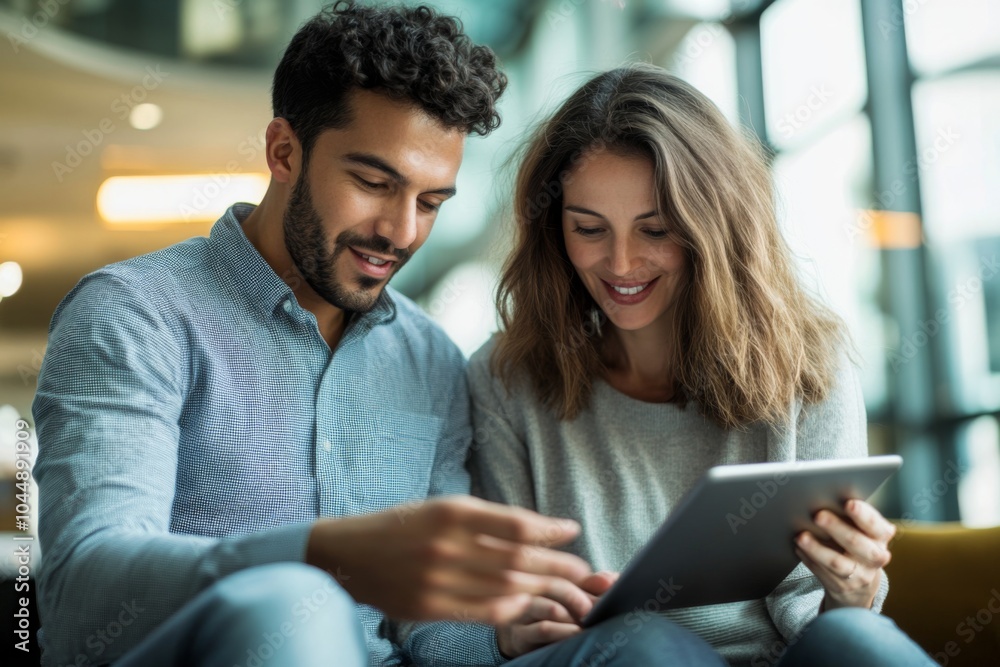 Young couple enjoying quality time together while using a tablet, smiling and sharing ideas in a bright, modern indoor setting. Young couple enjoying quality time together while using a tablet, smiling and sharing ideas in a bright, modern indoor setting.