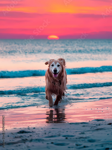A joyful golden retriever splashes through the waves at sunset, with vibrant orange and pink skies reflecting on the water, capturing a perfect beach moment.