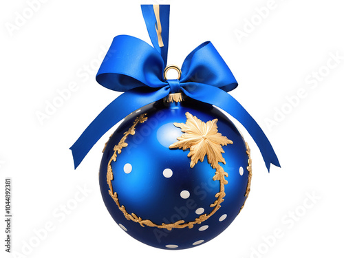 Elegant blue Christmas ornament with gold decorations and ribbon isolated from background, Christmas decoration. photo