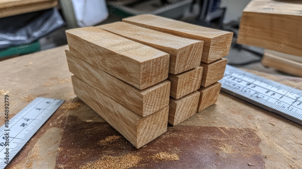 Stacked Wooden Blocks on a Workbench