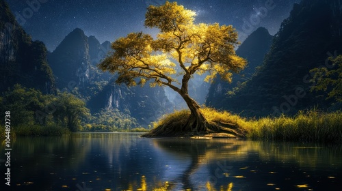 A serene landscape featuring a golden tree by a calm river, surrounded by mountains at night.