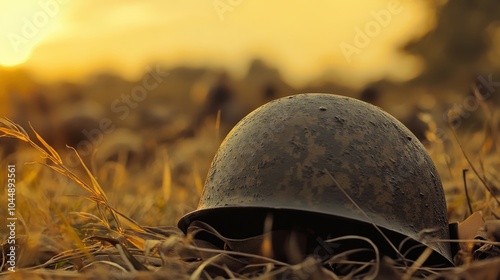 A military helmet placed on uniform, with a battlefield scene in the background