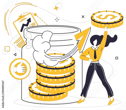 Savings account. A person standing next to a large jar of coins with ascending money growth charts and success symbols. Ideal for investment growth, financial planning, economic success, prosperity