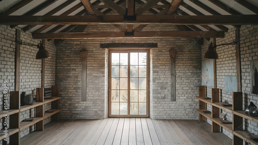 Spacious interior of a modern room featuring wooden beams, brick walls, a large window, and wooden shelves, creating a warm and inviting atmosphere. Spacious interior of a modern room featuring wooden beams, brick walls, a large window, and wooden shelves, creating a warm and inviting atmosphere.