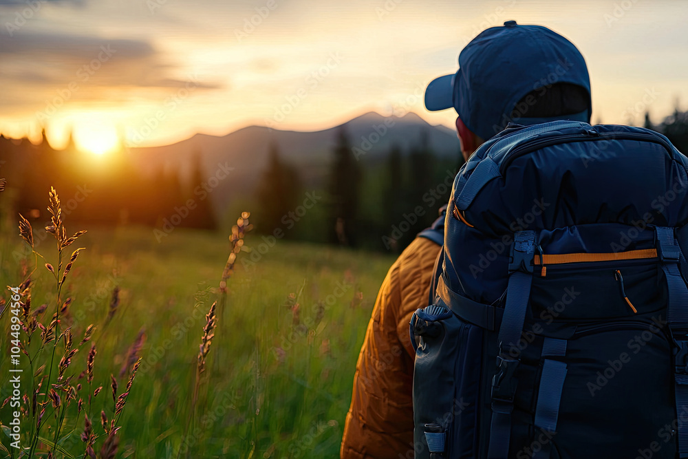 Hiker with backpack enjoying sunset view in nature landscape Hiker with backpack enjoying sunset view in nature landscape
