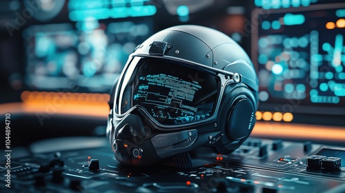 A sleek and modern military helmet with a built-in HUD display, placed on a control panel