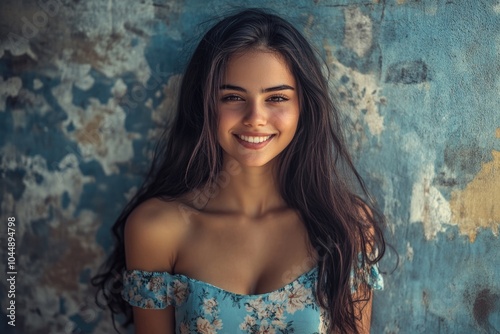 A beautiful young woman poses in a blue dress, perfect for editorial or advertising use