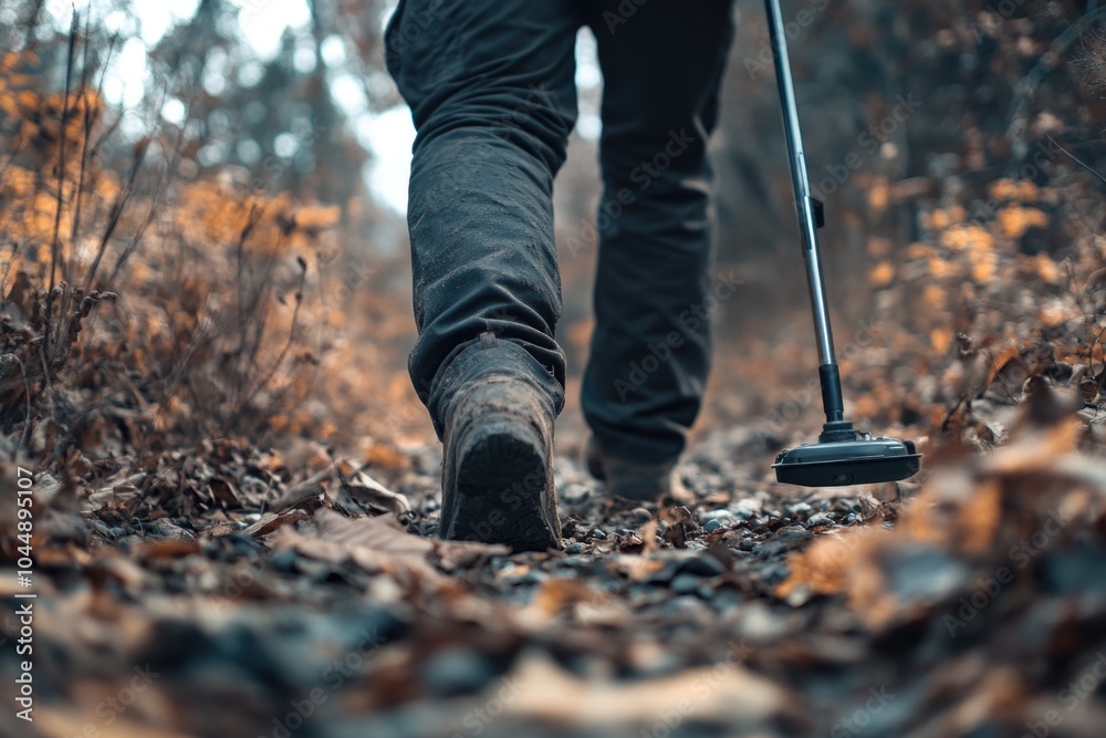 A person navigating through a forest with a walking stick, great for outdoor adventure or wilderness scenarios A person navigating through a forest with a walking stick, great for outdoor adventure or wilderness scenarios
