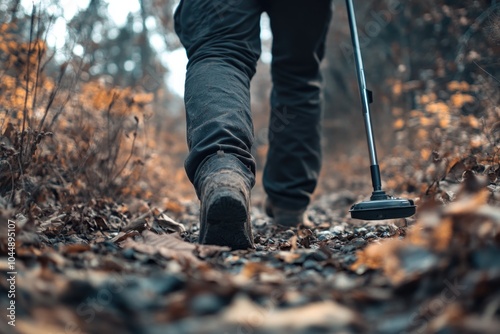 A person navigating through a forest with a walking stick, great for outdoor adventure or wilderness scenarios