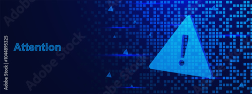 Attention or danger symbol with warning exclamation mark for computer error and hacked concept on blue digital pixels background