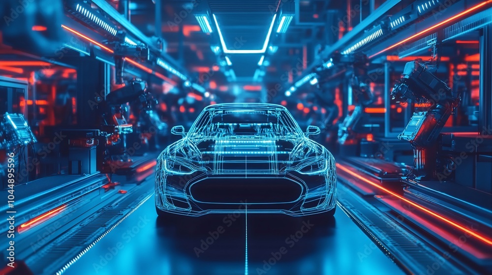 A car is being assembled on a futuristic assembly line with robotic arms. The car is transparent and glowing, showcasing its technological innovation. A car is being assembled on a futuristic assembly line with robotic arms. The car is transparent and glowing, showcasing its technological innovation.