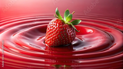 Single strawberry sinking into red liquid splash, asymmetrical