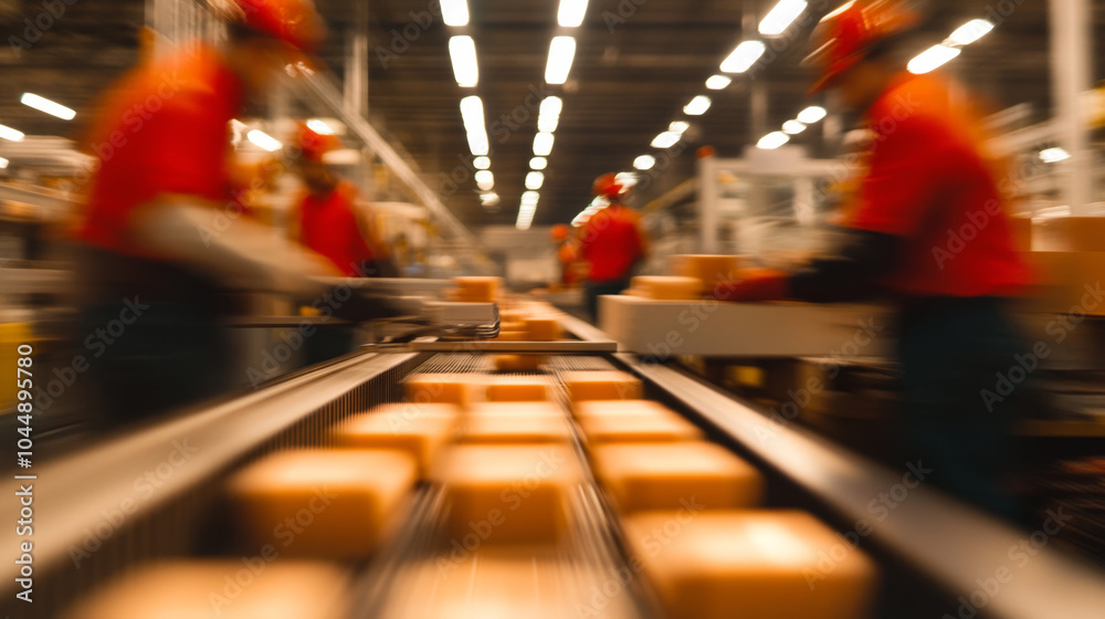Busy factory assembly line with blurred workers operating machinery and handling packages. atmosphere is dynamic and industrious, showcasing teamwork and efficiency Busy factory assembly line with blurred workers operating machinery and handling packages. atmosphere is dynamic and industrious, showcasing teamwork and efficiency