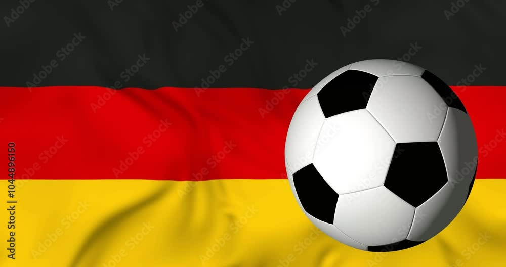Spinning soccer ball and waving flag of Germany in background. 3d animation in 4k resolution video Spinning soccer ball and waving flag of Germany in background. 3d animation in 4k resolution video