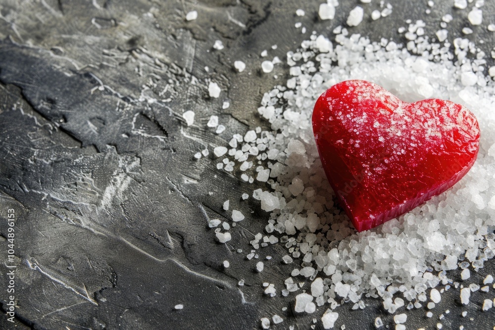 Obraz premium A small red heart sits atop a pile of white sugar, ideal for use in food-related or Valentine's Day-themed illustrations