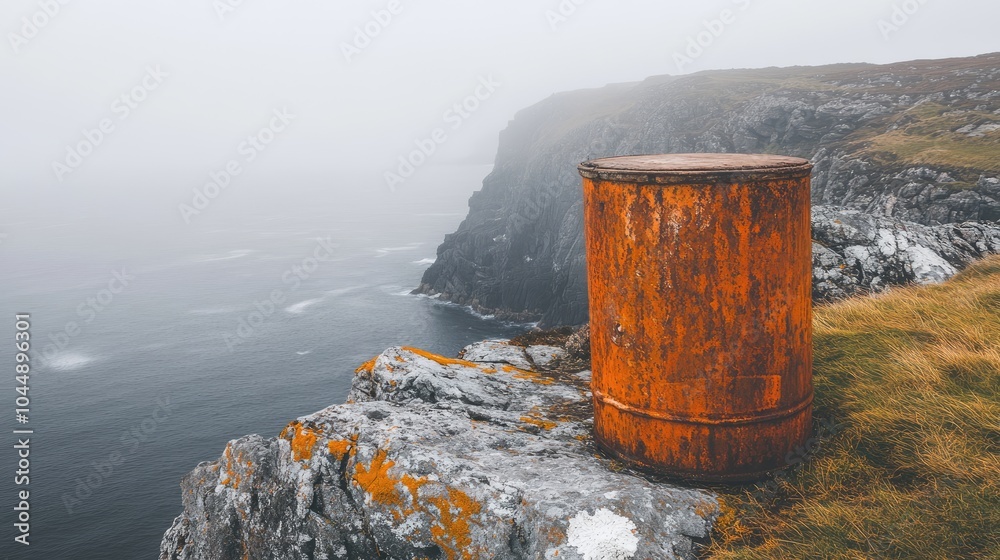 Rusty Barrel on Cliff Edge Overlooking Ocean Rusty Barrel on Cliff Edge Overlooking Ocean