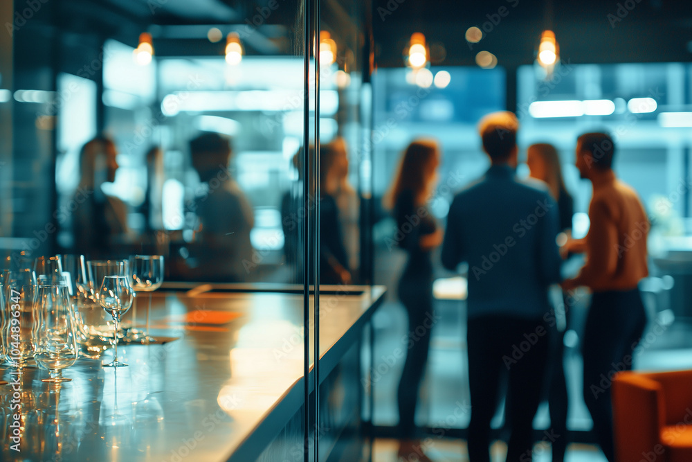 Blurred Background of a Social Gathering in a Modern Office Space Blurred Background of a Social Gathering in a Modern Office Space