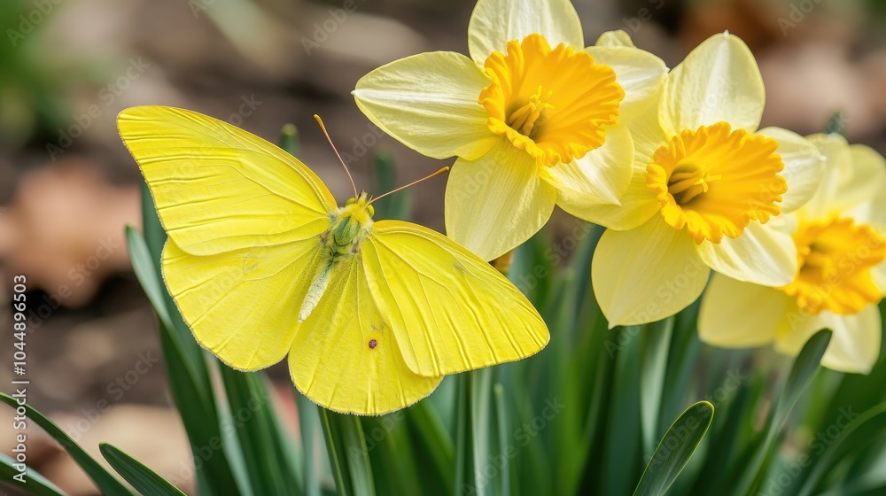 Obraz premium Bright Yellow Butterfly on Daffodil Flowers