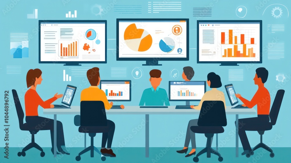 hybrid business team, diverse team members joining meetings both in-person and virtually, working on business tasks illustrations hybrid business team, diverse team members joining meetings both in-person and virtually, working on business tasks illustrations