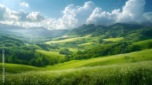 Breathtaking Natural Panoramic Countryside Landscape with Lush Green Hills and Cloudy Sky