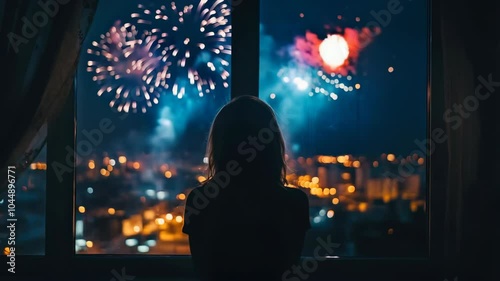 Lonely woman spending new year night alone in her apartment looking outside window to a night sky with fireworks