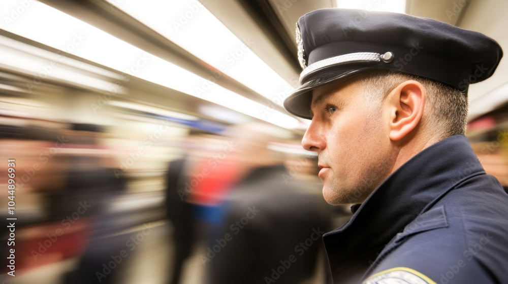 police officer stands focused in bustling subway environment, showcasing authority and vigilance amidst crowd. motion blur emphasizes dynamic atmosphere around him police officer stands focused in bustling subway environment, showcasing authority and vigilance amidst crowd. motion blur emphasizes dynamic atmosphere around him