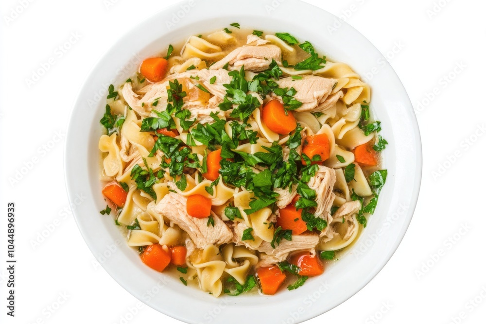 A warm and comforting bowl of chicken noodle soup garnished with carrots and parsley A warm and comforting bowl of chicken noodle soup garnished with carrots and parsley