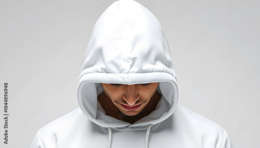 Front view of a white hoodie mockup on a young guy with his head bowed isolated with white highlights, png Front view of a white hoodie mockup on a young guy with his head bowed isolated with white highlights, png
